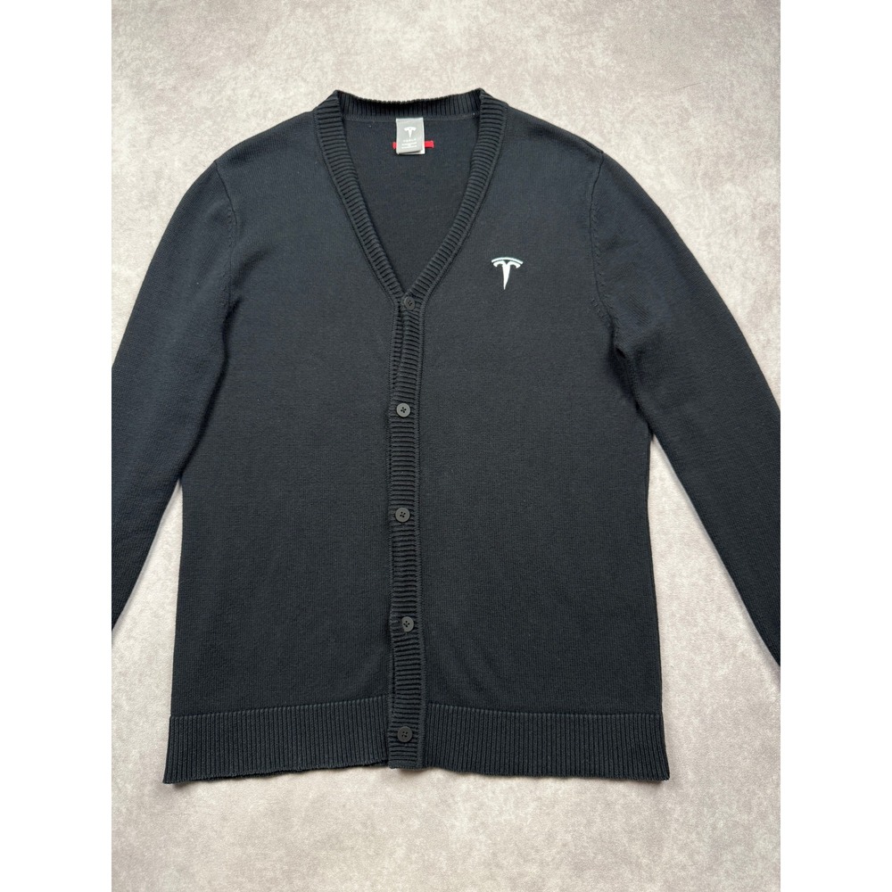 Tesla Motors Mens M Black V-Neck Button Front Cardigan Sweater Employee Logo